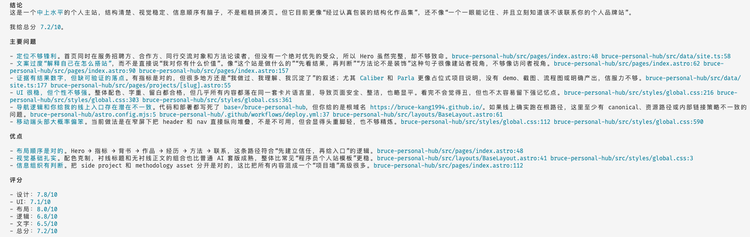 Codex 给我的网站打了 7.2 分，主要扣分点是定位不够锋利